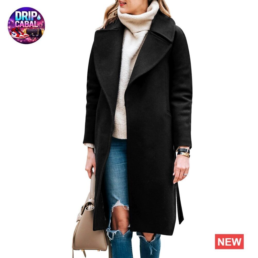 Wool Blend Pea Coat Trench Overcoat Notched Lapel Belted Classic Elegant